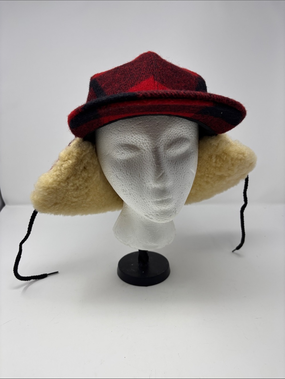 Filson Garment | Red Plaid Wool Trapper Hat with Cream Shearling Ear Flaps